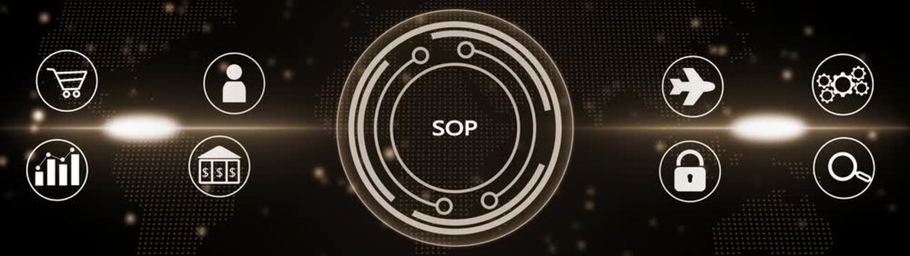 Standard Operating Procedure concept represented by the word SOP in a warm golden circular interface, encircled by for commerce, user, finance, travel, and security, against a dark map backdrop