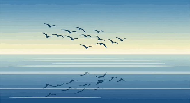 An expansive, serene illustrative panorama depicting a harmonious flock of seabirds in synchronized flight across a calm, reflective ocean under a