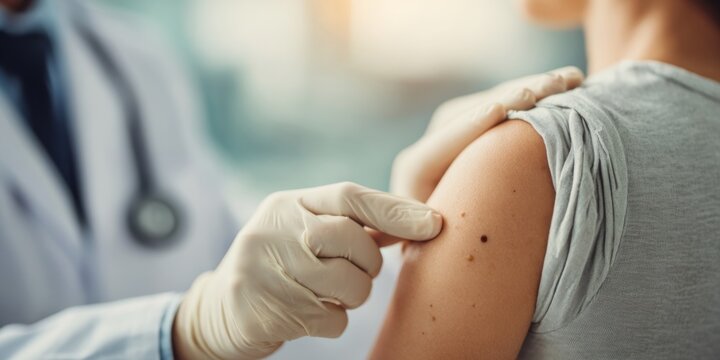 Doctor examines mole on patient's shoulder in medical office during routine checkup