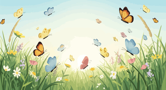 Vibrant spring meadow scene filled with dancing butterflies and blooming wildflowers under a clear sky watercolor illustration