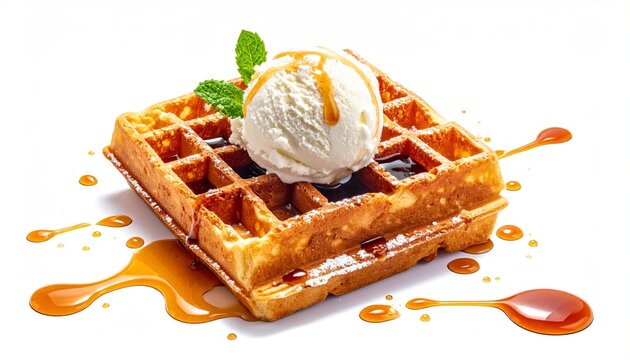 Close up of waffle with ice cream and syrup on white
