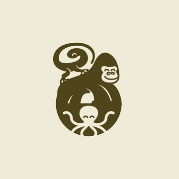 playful silhouettes gorilla lizard octopus logo