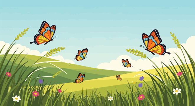 Vibrant spring meadow scene with diverse butterflies soaring over green hills and wildflowers under a clear sky