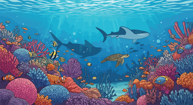 Vibrant coral reef ecosystem with sharks and a sea turtle. Colorful fish swim among diverse corals under sunlit ocean waves, showcasing rich marine