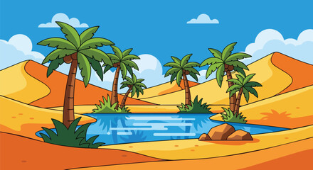 Obraz premium Vibrant cartoon desert oasis illustration with palm trees and a shimmering blue pond under a clear sky