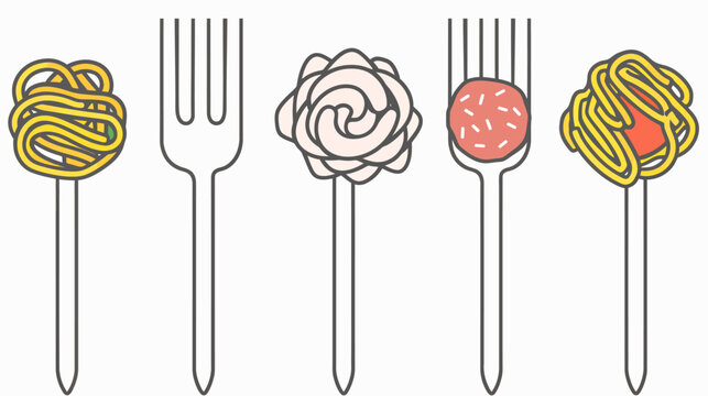 An illustration of five forks each holding a different food item, graphic and charming