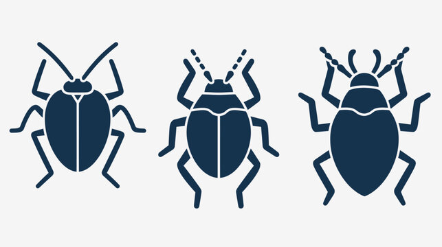 Three minimalist beetle icons with varied antenna configurations, navy on white