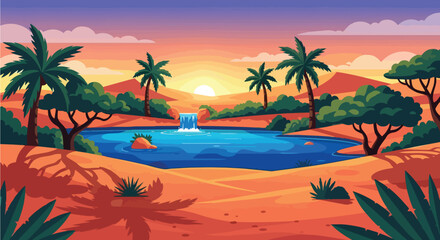 Obraz premium Sunset desert oasis painting featuring lush palm trees, a flowing waterfall into a calm lake, and warm sandy landscape under a colorful sky,