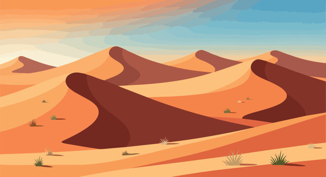 A striking flat-style desert panorama showcases undulating sand dunes under a beautiful gradient sky. Sparse, hardy flora punctuates the warm, arid