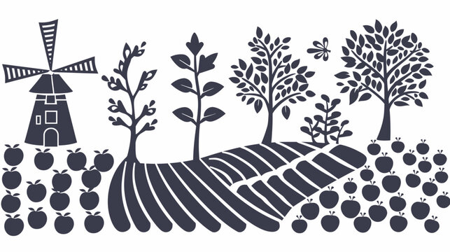 Stylized illustration of a windmill, trees, farm rows, and apples in dark blue