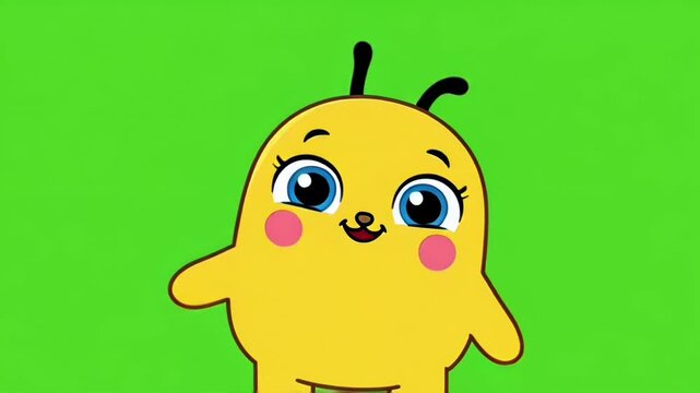 Cheerful yellow cartoon chick posing playfully on a bright green background.