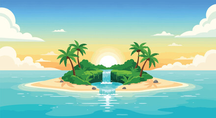 Obraz premium Animated tropical island scene with lush palm trees, dense greenery, a serene waterfall flowing into crystal-clear turquoise ocean under a vibrant sky