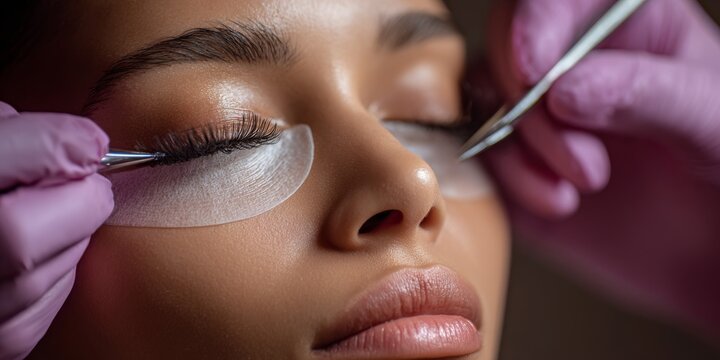 Woman receives eyelash extension in beauty salon with professional applying artificial lashes in a quiet setting