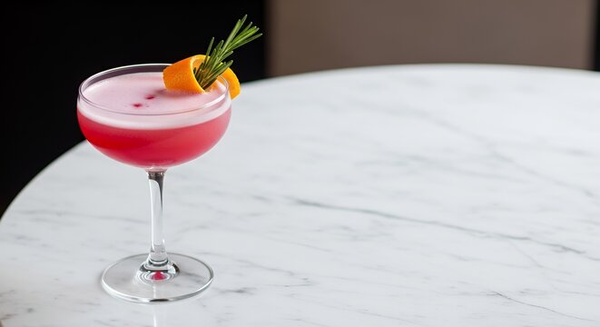 Pink cocktail with orange garnish on table.