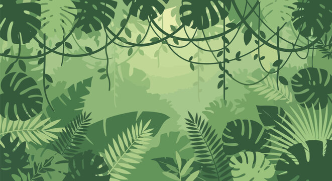 Lush Green Tropical Jungle Foliage Background with Overlapping Leaves and Hanging Vines Creating a Dense Forest Canopy.