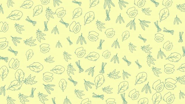 A seamless botanical pattern featuring intricate line drawings of leaves and flowers on a soft pastel yellow backdrop, ideal for design projects and fabric printing.