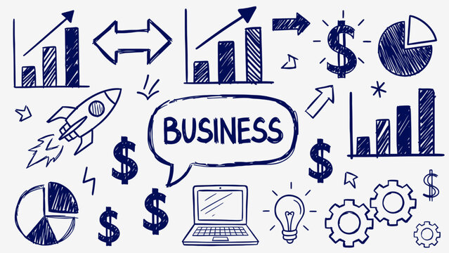 A vibrant abstract graphic illustrates business concepts with various symbols.