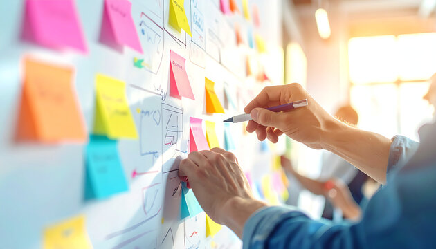 Creative team brainstorming new business strategies on a whiteboard filled with colorful sticky notes, fostering innovation and teamwork in a modern office