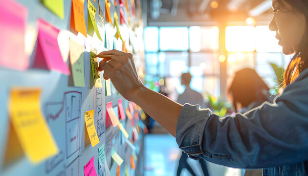 Creative businesswoman organizing sticky notes on a wall during a brainstorming session, fostering innovation and strategic planning in a dynamic office environment