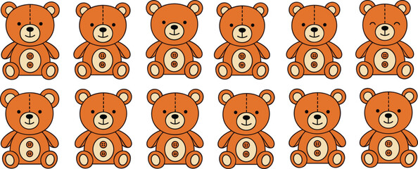 Obraz premium Teddy Bear Toy Icon Set with Cute Plush Characters in Cartoon Style for Kids, Baby Products, Nursery Design, and Childhood Illustration Projects