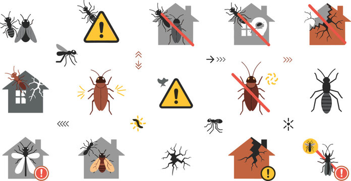 Pest infestation warning icons set with insects and house damage symbols, extermination and protection collection vector illustration
