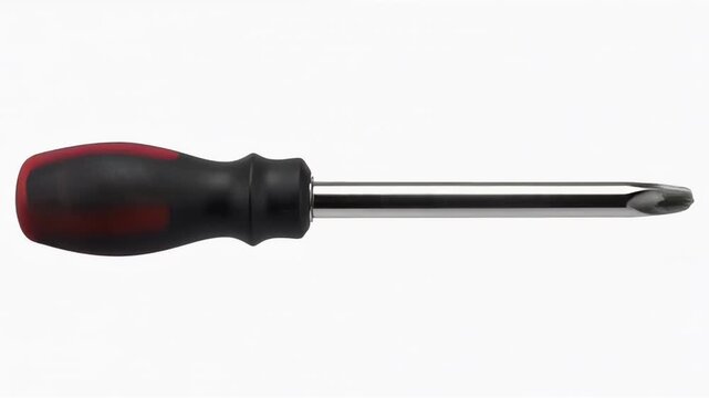 Flathead screwdriver with red and black ergonomic handle on a plain white background.