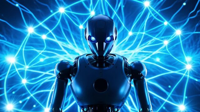 Futuristic humanoid robot illuminated by blue neural network glow and circuits.