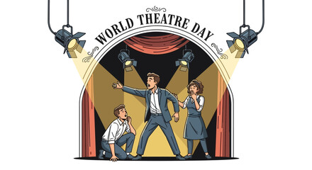 Illustration of actors on stage for World Theatre Day celebration with theatre performance concept and drama arts elements. © suparta