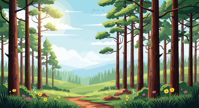 Vibrant Forest Path Adventure Through Tall Pine Trees Under A Clear Blue Sky Illustrative Landscape