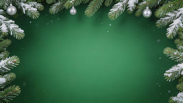 Vibrant Green Christmas Background Frame with Silver Ornaments and Snowflakes. Christmas Background, Christmas, Christmas Tree, Merry Christmas, Christmas Wallpaper