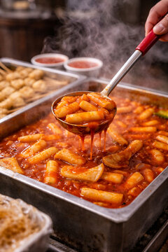 Ladle scooping tteokbokki with spicy sauce at Korean street food stall, hot and steaming