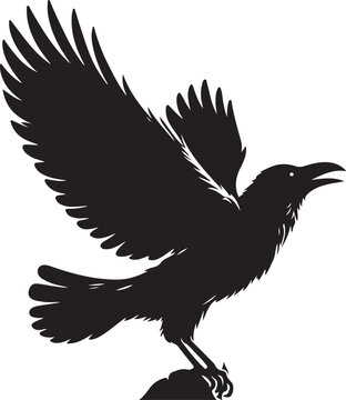 A bold silhouette of a crow in flight with outspread wings Vector, illustration