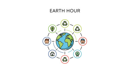 Fototapeta premium Illustration of Earth Hour campaign with a globe surrounded by icons representing eco-friendly actions and sustainable living concepts on a white background.