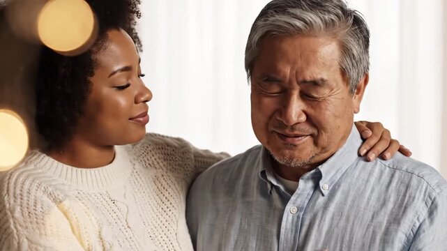 Young Black woman hugging older Asian man warmly