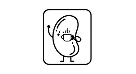 Fototapeta premium Cute Bean Character Holding a Hot Coffee Cup, Waving Hello