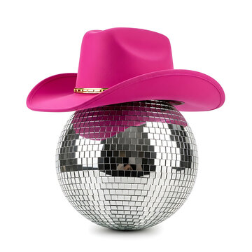 Pink cowboy hat on a silver disco ball
