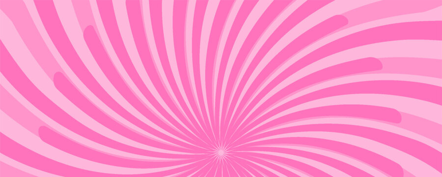 Retro candy cane spiral background with strawberry cream swirls. Pink whirlpool bg. Whimsical Y2K vortex pattern featuring pastel pink and white radial beams in psychedelic cartoon style.