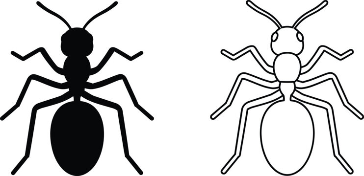 Ant Silhouette and Outline Icon Set Design Vector