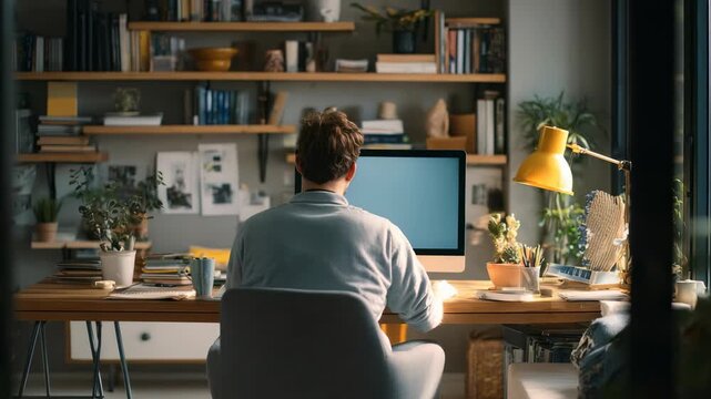 A person sits at a stylish desk in a bright, organized home office, using a desktop computer. The room features shelves with books, greenery, and warm lighting for a comfortable work environment