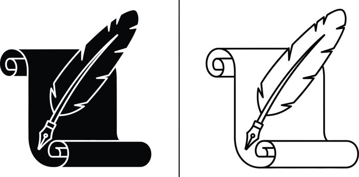 Feather Quill Pen and Paper Scroll Icon Set Vector