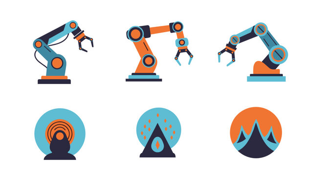 Robotic arms and industrial symbols in a modern tech setting with geometric shapes and vibrant orange blue colors