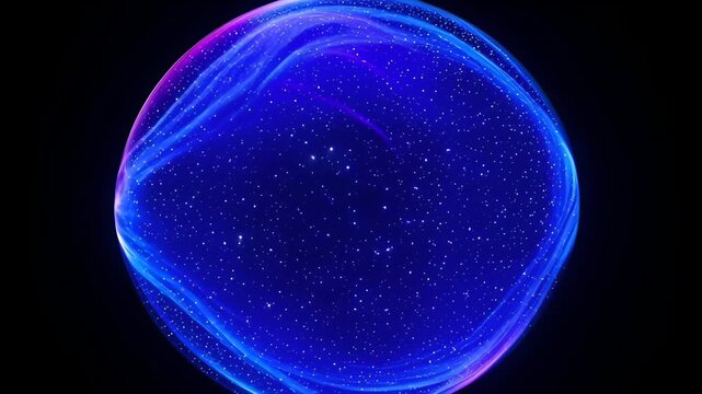 Glowing blue sphere with flowing neon ribbons and scattered starlike particles creating cosmic futuristic atmosphere glowing purple and blue energy orb with sparkling particles and flowing light