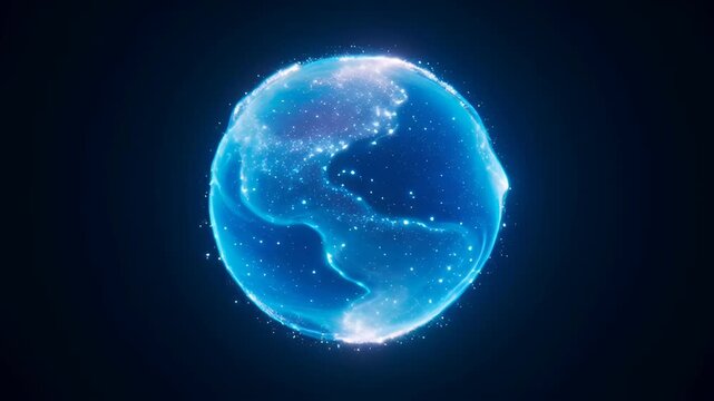 Glowing blue digital planet and neon glowing globe with illuminated continents, swirling pink and blue cosmic energy, sparkling data points and star particles, futuristic network connectivity