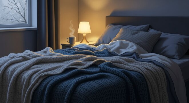 Cozy bedroom scene with bed lamp pillows blankets and soft lighting