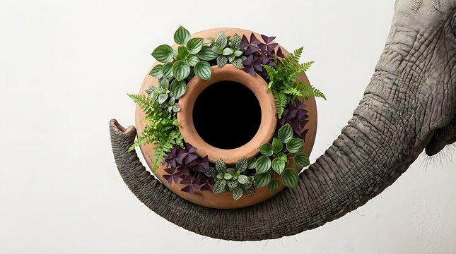 Elephant Trunk Holding Terracotta Vase with Exotic Green Plants