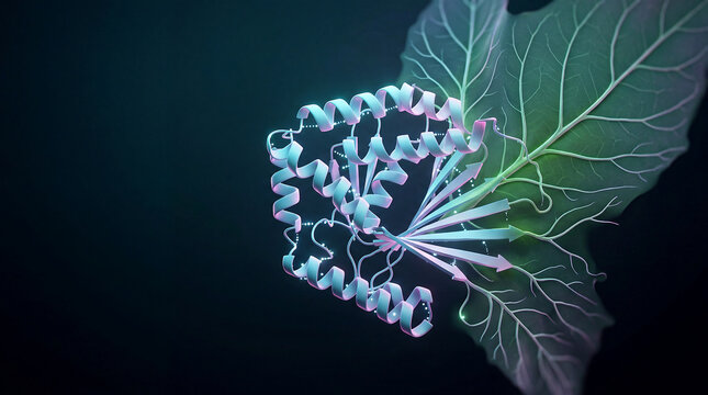Protein folding structure morphing into leaf vein network molecular biology dark background, macro with copy space on left