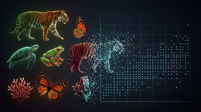 Endangered species silhouettes dissolving into data points biodiversity loss mosaic dark background, close-up with copy space on left