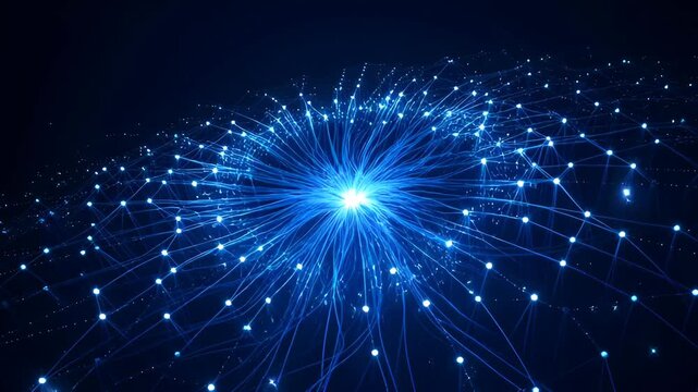 Glowing blue neural network hub radiating light and fiber connections across dark digital landscape with radiating light strands and connected nodes evoking digital connection and energy for abstract