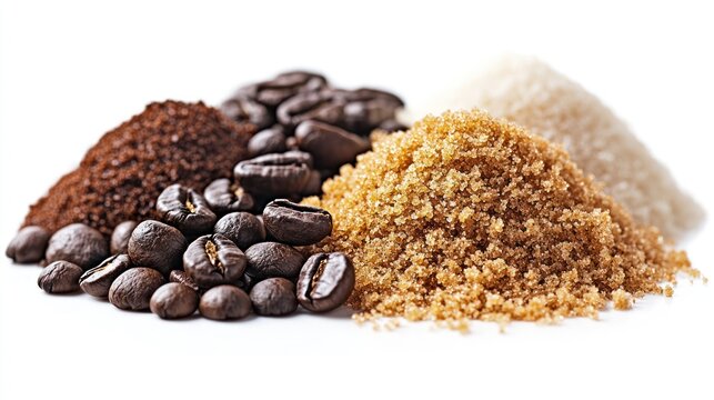 Coffee beans, ground coffee, brown sugar, white sugar; ingredients for beverages