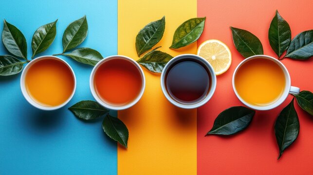 Colorful tea cups, lemon, leaves, flatlay, vibrant background, beverage photography, food blog